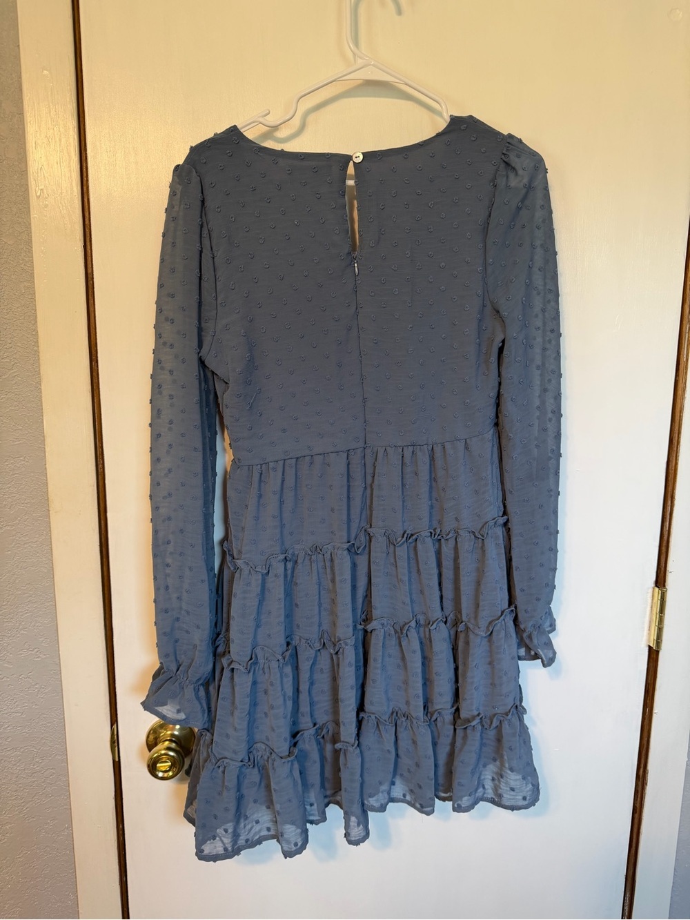 Altar'd State Blue Textured V-Neck Ruffle Tiered Long Sleeve Dress - Picture 3 of 3